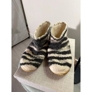 Artisanal Wool Zebra Stripe Slipper Boots Cream Black Felted Ankle Booties